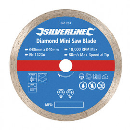 Disque diamant pour mini-scie D.85 mm - alésage 10 mm - 361323 - Silverline