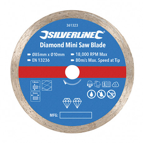 Disque diamant pour mini-scie D.85 mm - alésage 10 mm - 361323 - Silverline