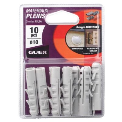 Sachet 10 chevilles nylon D. 10 x 50 mm. Charges moyennes. - 101206000 - Guex