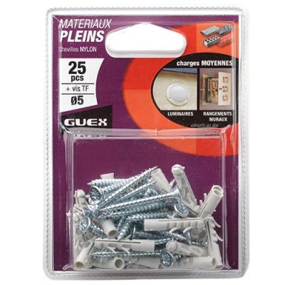 Sachet 25 chevilles nylon D. 5 mm + vis TF - 101216000 - Guex