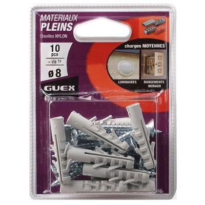 Lot de 10 chevilles nylons D. 8 mm + vis TF. Charge moyenne. - 101223000 - Guex