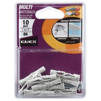 Sachet 10 chevilles nylon multi-matèriaux D. 6 mm + vis TF - 116201000 - Guex