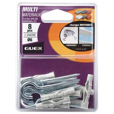 Sachet 8 chevilles nylon multi-matèriaux D. 6 mm + 8 crochets - 116210000 - Guex