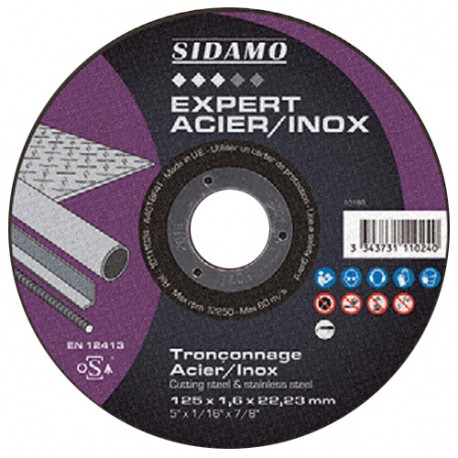 Lot de 5 disques à tronçonner EXPERT ACIER INOX D. 125 x 1 x Al. 22,23 mm + 1 disque offert - Acier, Inox - 10111082 - Sidamo