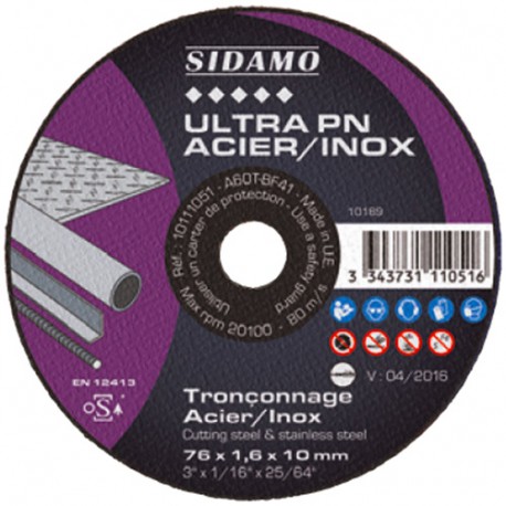 50 disques à tronçonner ULTRA PN ACIER INOX D. 76 x 1 x Al. 10 mm - Acier, Inox - 10111050 - Sidamo