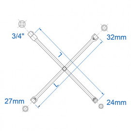Clé en croix 700 mm D. 24 x 27 x 32 mm avec carré conducteur 3/4"