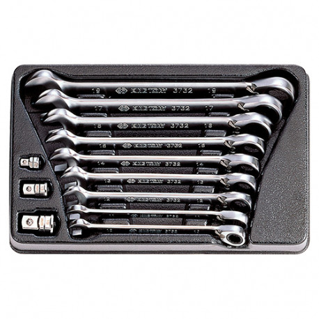 Thermoformé de clés mixtes à cliquet réversible avec adaptateurs - 12 pièces - 10 à 19 mm