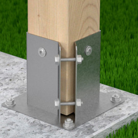 Pied de poteau fendu carré galvanisé à visser - Avec serrage sur un angle - 102 x 150 x 2,0 mm