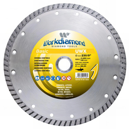 Disque diamant à jante continue cannelée UWX - D. 230 x Al. 22,23 x H. 10 mm - Béton / Brique