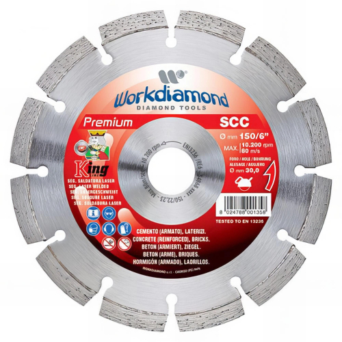 Disque diamant segmenté SCC - D. 125 x Al. 22.23 x H. 10 mm - Béton / Brique - Spécial rainureuse