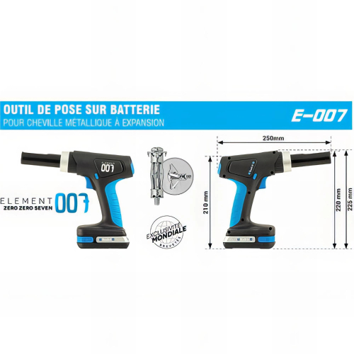 Outil de pose sur batterie E-007 pour chevilles à expansion avec vis (SANS chargeur ni batterie)