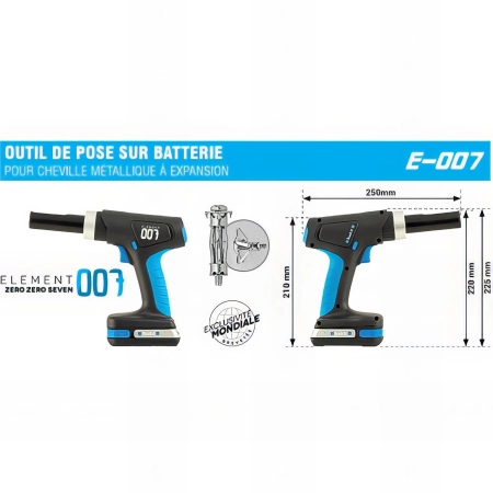 Outil de pose sur batterie E-007 pour chevilles à expansion avec vis (SANS chargeur ni batterie)