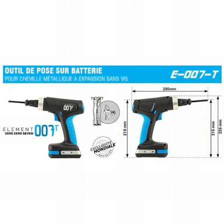 Outil de pose sur batterie E-007-T pour chevilles à expansion sans vis (inclus chargeur et batterie)