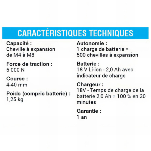 Outil de pose sur batterie E-007-T pour chevilles à expansion sans vis (inclus chargeur et batterie)