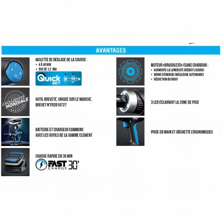 Outil de pose sur batterie E-007-T pour chevilles à expansion sans vis (inclus chargeur et batterie)