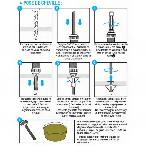 Outil de pose sur batterie E-007-T pour chevilles à expansion sans vis (inclus chargeur et batterie)