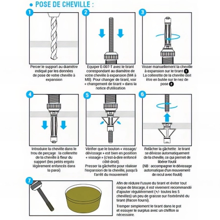 Outil de pose sur batterie E-007-T pour chevilles à expansion sans vis (inclus chargeur et batterie)