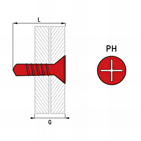 250 vis autoperceuses, tête fraisée, acier zingué blanc - PH3 - 5,5 x 32 mm