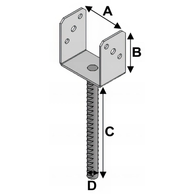 Pied de poteau à ancrer type PAU (A x B x C x D x ép) 91 x 110 x 250 x 20 x 4,0 mm - AL-PAU91 - Alsafix