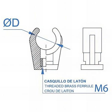 25 Clips polypropylène simple avec insert en laiton M6 - D. 32 mm