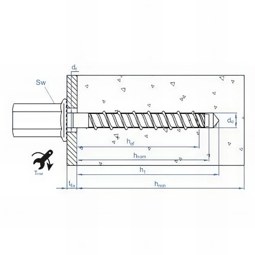 50 vis à béton D. 6 x 35 mm (M8-M10) filetage métrique homologué ETE option 1 zingué