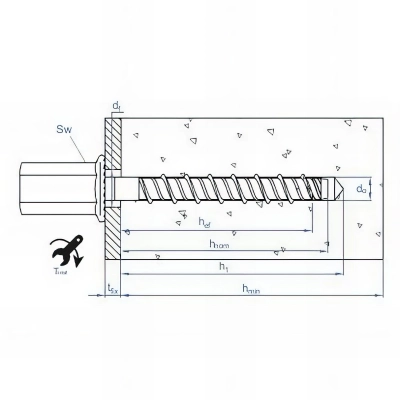 50 vis à béton D. 6 x 55 mm (M8-M10) filetage métrique homologué ETE option 1 zingué 2