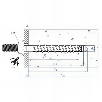 100 vis à béton D. 6 x 55 mm (M10) tête filetage mâle homologué ETE option 1 zingué 2