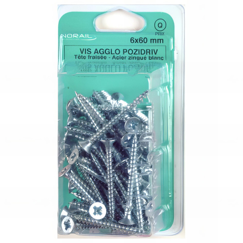 Blister de 100 vis bois panneaux agglomérés tête fraisée Pozidriv 4 x 60 mm - Zingué Blanc - VAFC0406003CP100