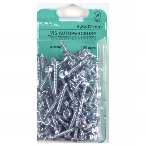 Blister de 100 vis autoperceuses tête hexagonale 6,3 x 25,4 mm - Zingué - VAFH6325402CP100