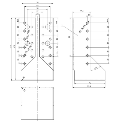 Sabot de charpente galvanisé à ailes intérieures - Larg. 76 x Ht. 152 mm 2