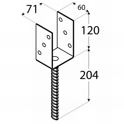 Pied de poteau lourd en U zingué à ancrer - 71 x 120 x 4 mm