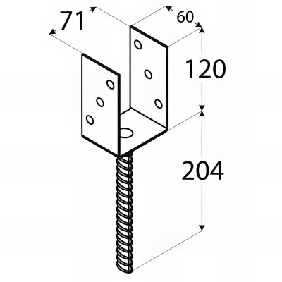 Pied de poteau lourd en U zingué à ancrer - 71 x 120 x 4 mm
