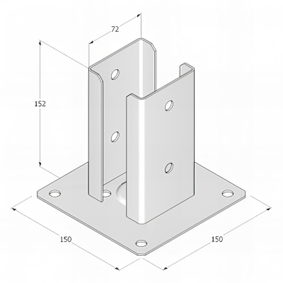 Pied de poteau fendu carré galvanisé noir à visser - 91 x 150 x 2,0 mm