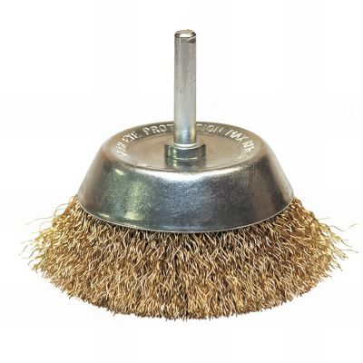 Brosse conique sur tige fil laitonné décapage doux bois/métal D. 50 mm - Q. 6 x 30 mm - fil 0,20 - 610.050 - Leman