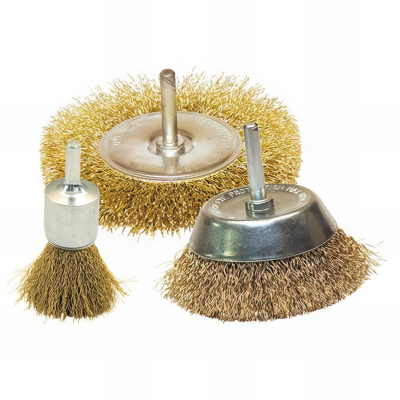 Lot de 3 brosses sur tige fil laitonné ondulé pour décapage doux bois et métaux - 640.03 - Leman