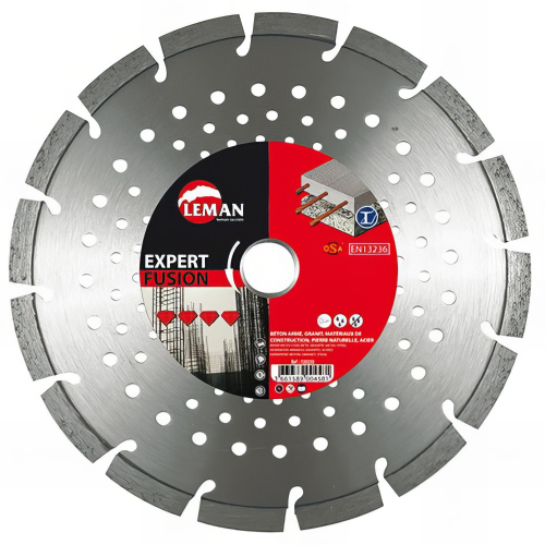 Disque diamant segmenté mixte D. 115 x Al. 22,2 x Ht. 10 x ép. 2,4 mm. Béton armé, acier, brique, granit etc - 720115 - LEMAN