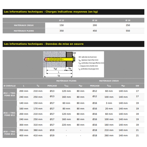 10 Chevilles menuiserie longues D.16 x L.300 mm avec tire-fond D.12 mm zingué tête hexa. et rondelle