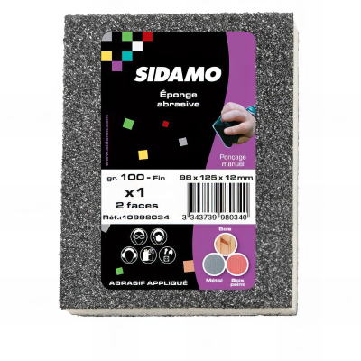 25 éponges à poncer 98 x 125 x 12 mm - 2 faces souples Gr 100 Fin - 10998034 - Sidamo