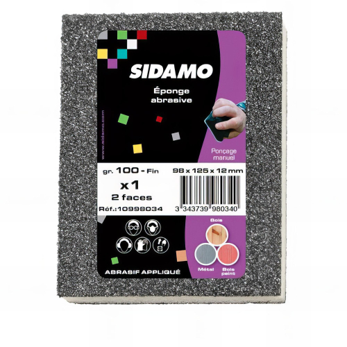 25 éponges à poncer 98 x 125 x 12 mm - 2 faces souples Gr 100 Fin - 10998034 - Sidamo