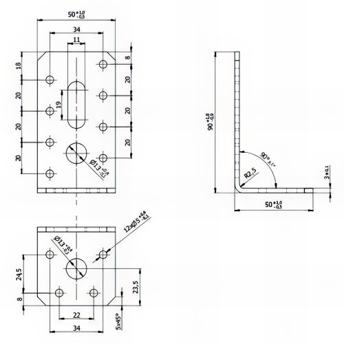 Équerre ajustable galvanisée - 90 x 50 x 50 x 3,0 mm