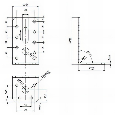 Équerre ajustable galvanisée - 90 x 50 x 50 x 3,0 mm