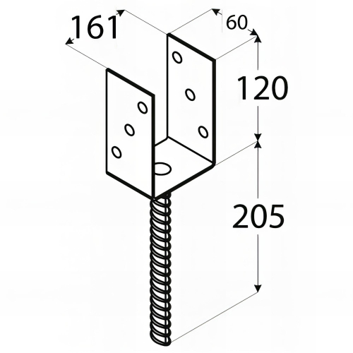 Pied de poteau lourd en U zingué à ancrer - 161 x 120 x 4 mm