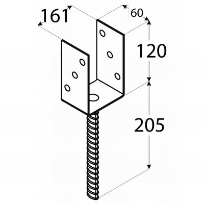 Pied de poteau lourd en U zingué à ancrer - 161 x 120 x 4 mm
