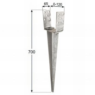 Pied de poteau en U zingué à enfoncer - Largeur réglable de 0 à 120 mm - 0-120 x 65 x 700 x 2,0 mm