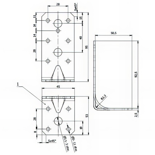 Équerre renforcée galvanisée - 95 x 53 x 45 x 2,5 mm