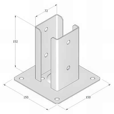 Pied de poteau fendu carré galvanisé à visser - 72 x 150 x 2,0 mm