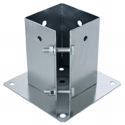 Pied de poteau fendu carré galvanisé à visser - Avec serrage sur un angle - 102 x 150 x 2,0 mm