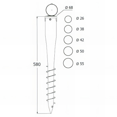 Pied de poteau de jardin rond zingué à tarauder avec accessoires - D. 68 x L. 550 mm - 68 x 550 x 1,8 mm