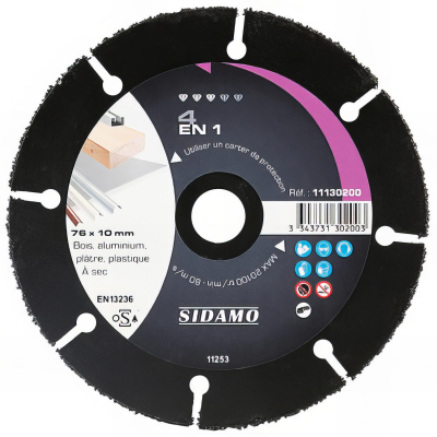 Disque carbure 4 en 1 D. 76 x 10 mm - Bois, alu, cuivre, plâtre, plastique