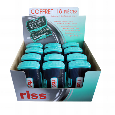 Box 12 coffrets18 pcs avec cliquet douilles et embouts